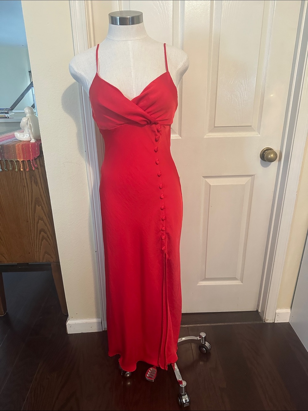 Zara Red Slip Maxi Dress with Button-Front Detail